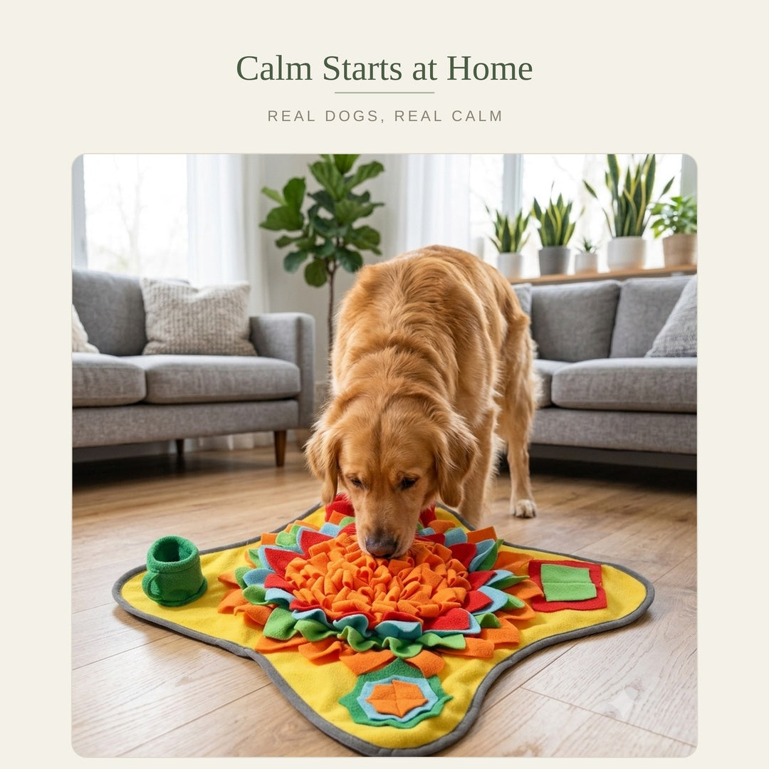Golden retriever sniffing Calm Snuffle Mat at home